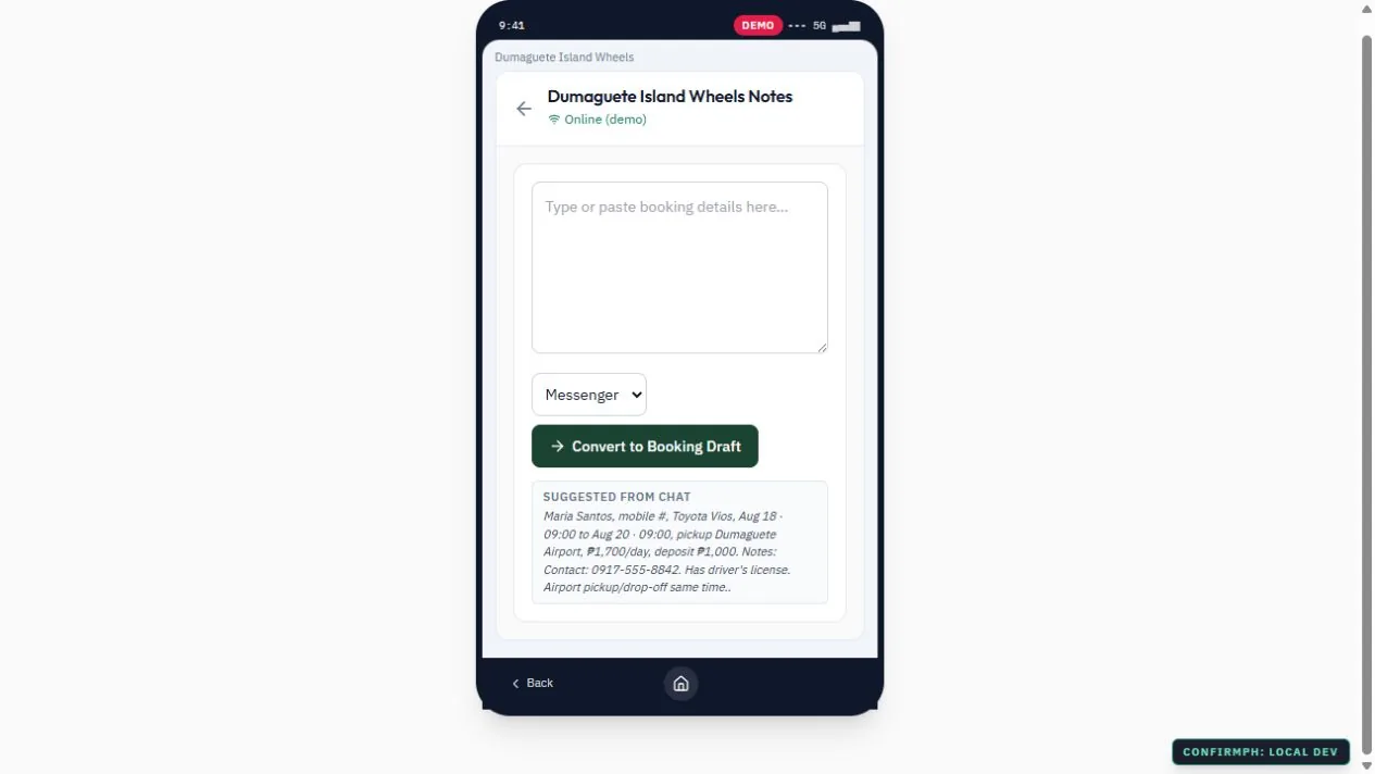 ConfirmPH Notepad converting a Messenger inquiry into a booking draft
