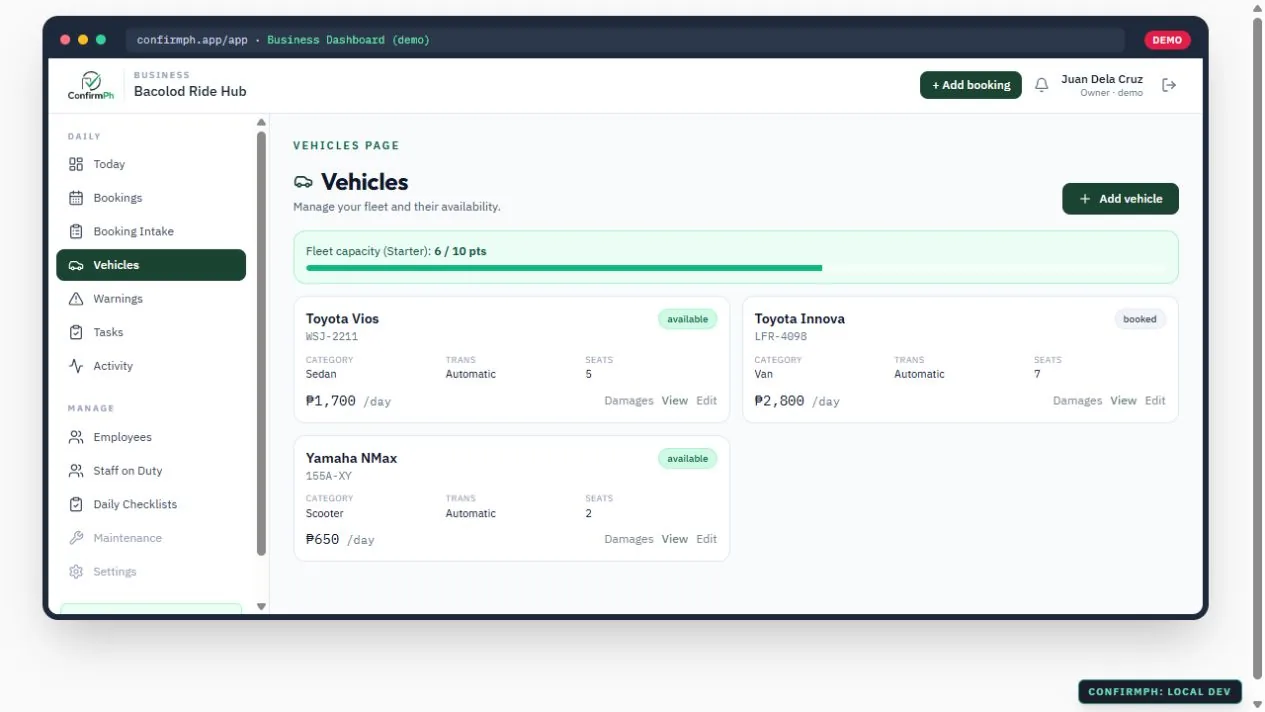 ConfirmPH Vehicles page with fleet status and vehicle cards