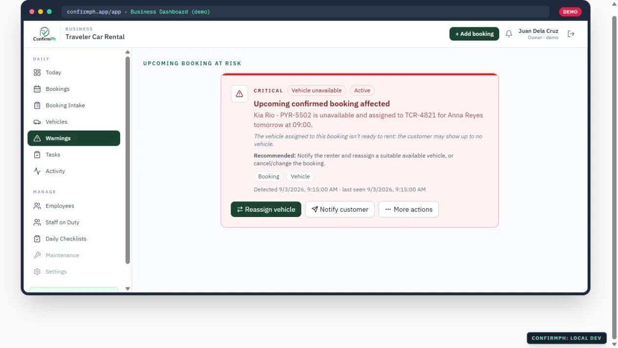 ConfirmPH critical warning for an upcoming booking affected by an unavailable vehicle