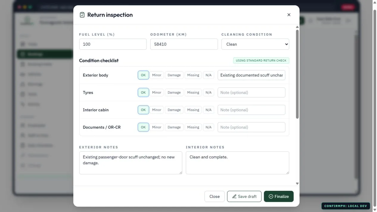 ConfirmPH return inspection form with mileage and condition checklist