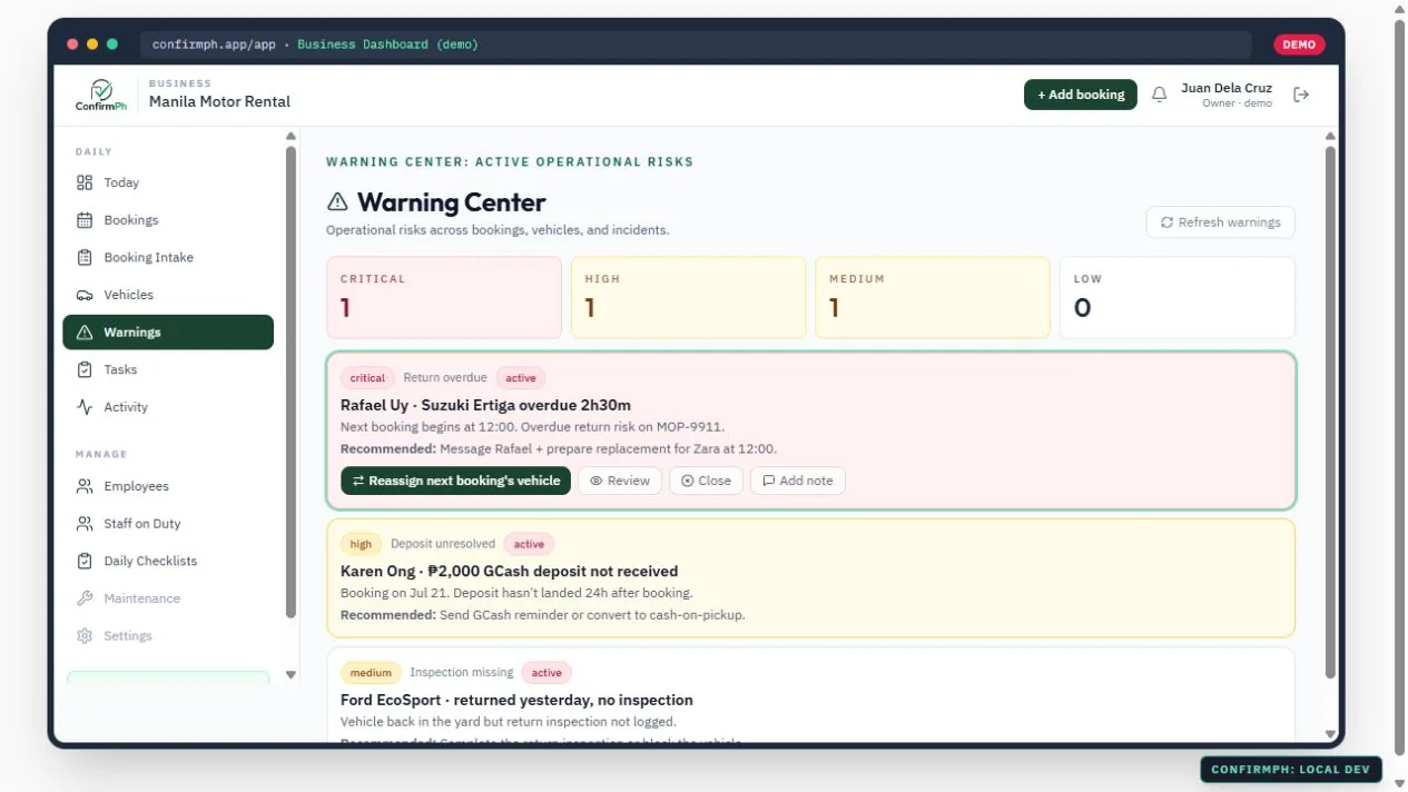 ConfirmPH Warning Center with return, deposit, and inspection risks
