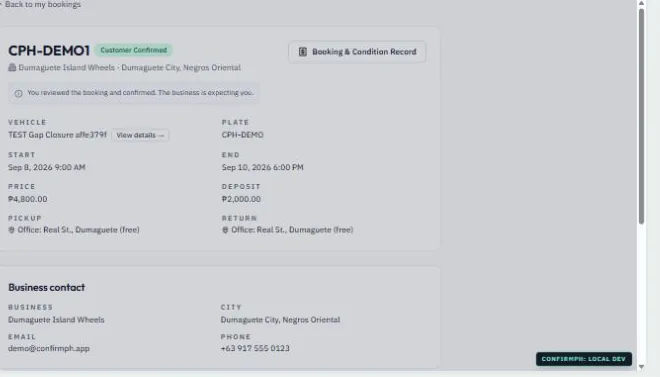 ConfirmPH My Booking page for a customer-confirmed rental