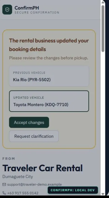Mobile ConfirmPH change review showing previous and updated vehicles