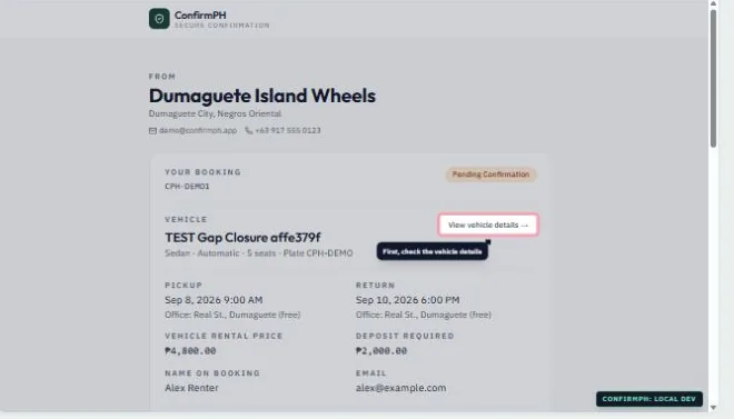Renter confirmation page in ConfirmPH