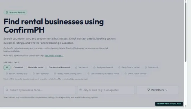 ConfirmPH Discover Rentals page with rental business filters