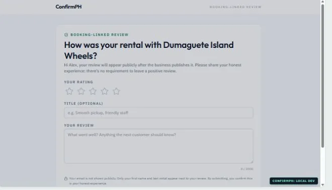ConfirmPH booking-linked review on a customer-facing screen